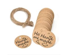 Hand made runde kraft papir hang tag med jutesnor, 100 stk, Ø30 mm