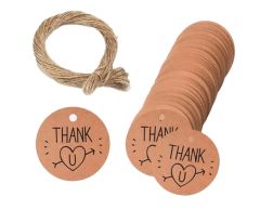 Thank U med hjerte runde kraft papir hang tag med jutesnor, 100 stk, Ø30 mm